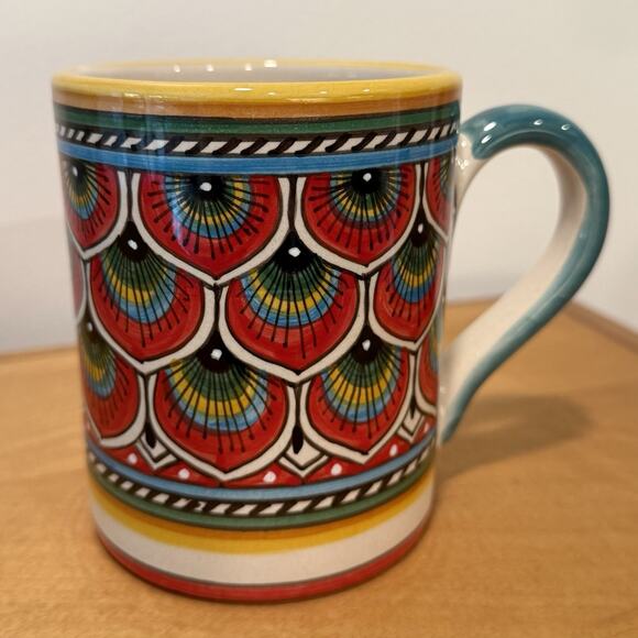 Sberna Deruta Italian Ceramic Mug Geometric Peacock Red Hand Made Pottery Mug - Picture 1 of 7